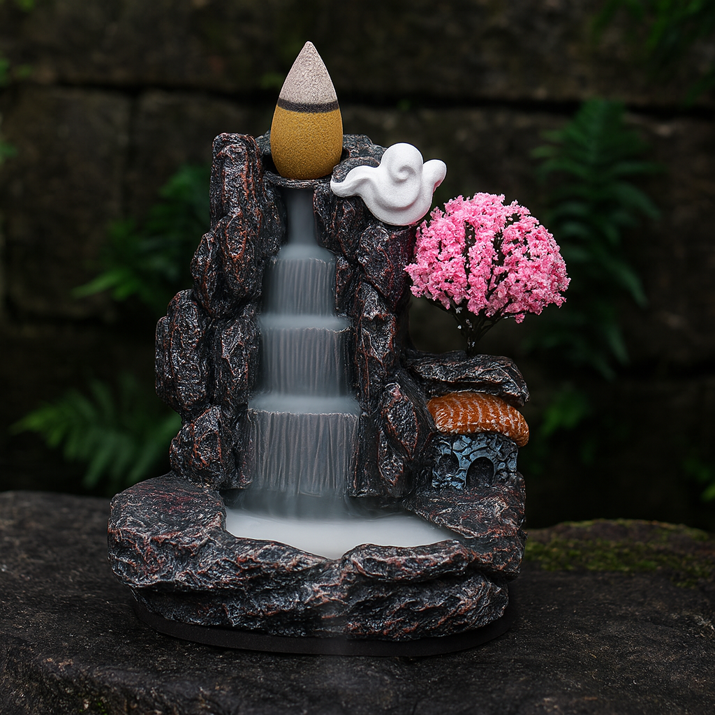 Fontaine à Encens Cascade avec Cerisier en Résine – Support Backflow avec Cônes
