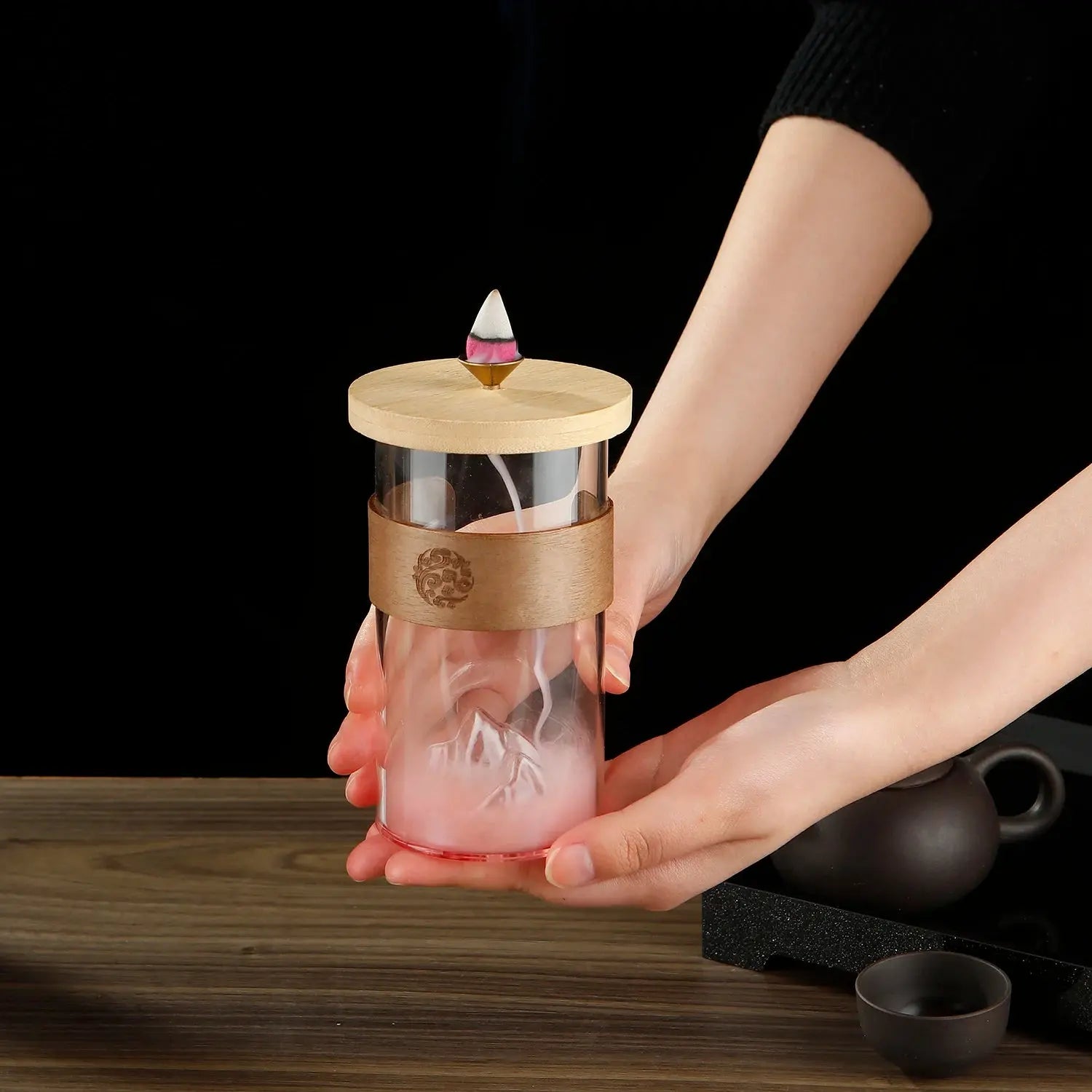 Fontaine à encens en verre avec montagne de neige pour la méditation Yoga - Feng Shui