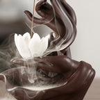 Fontaine à Encens en Céramique avec Fleur de Lotus Blanche Zen Bouddhiste