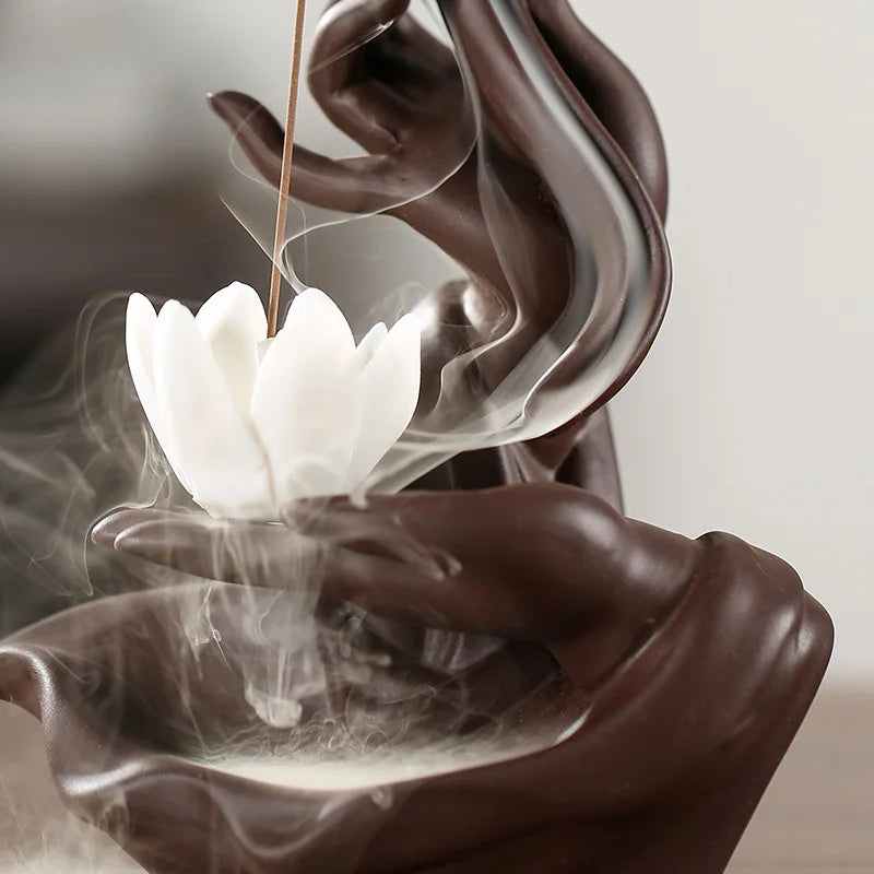 Fontaine à Encens en Céramique avec Fleur de Lotus Blanche Zen Bouddhiste
