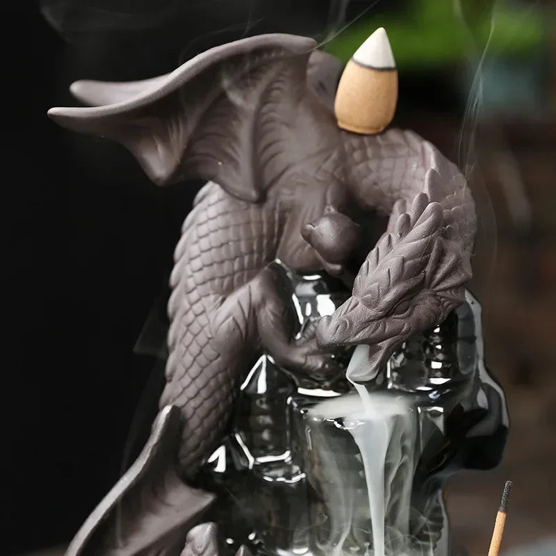 Fontaine à Encens Dragon en Céramique – Cascade à Reflux Feng Shui