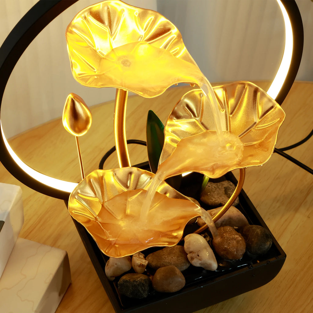 Fontaine d’Intérieur Lotus Doré – Cascade Zen avec Anneau LED USB