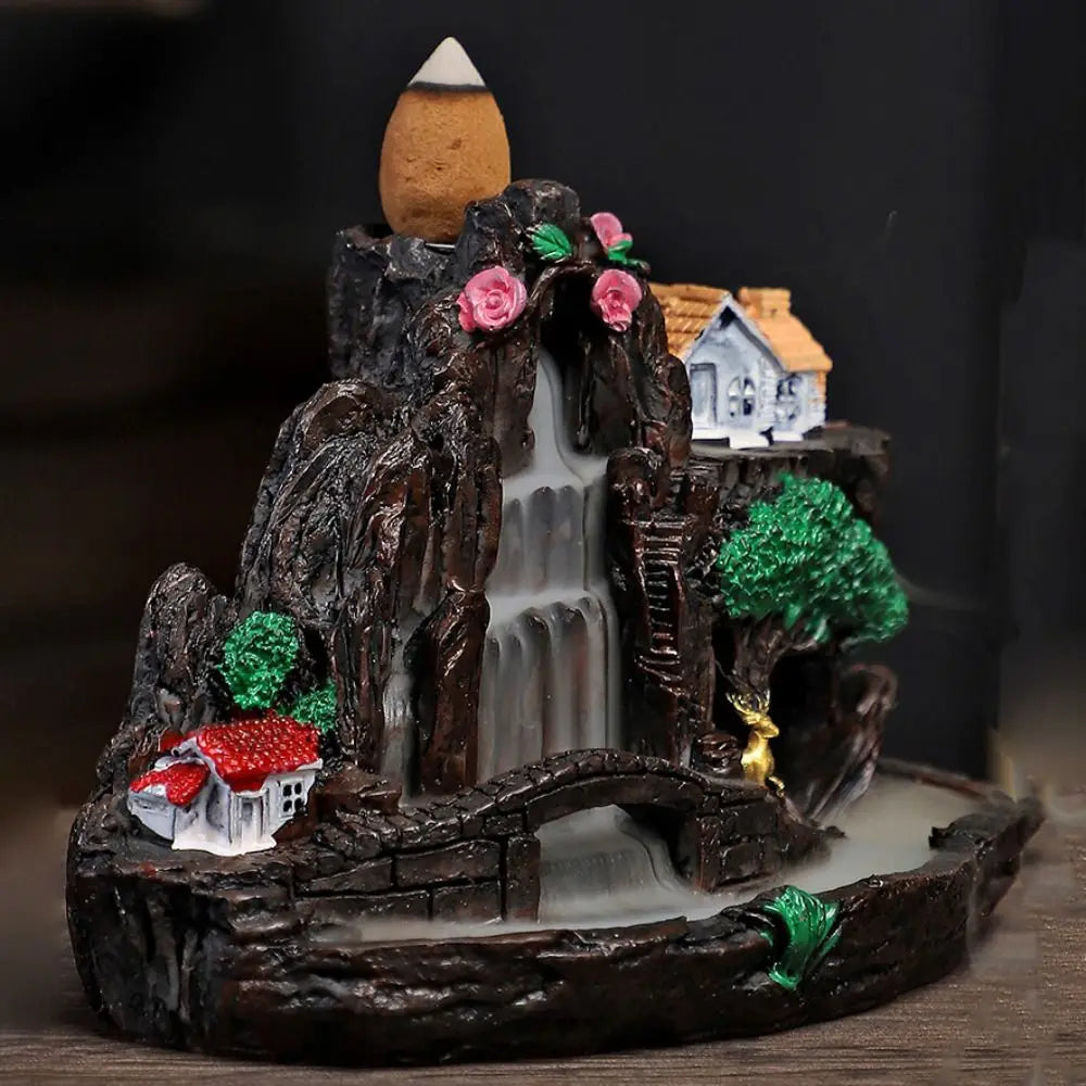 Fontaine à Encens Cascade en Résine – Style Chinois Montagne