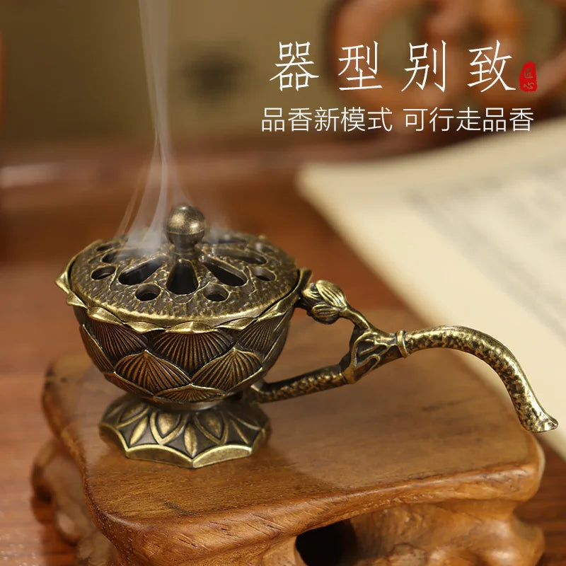 Porte-Encens Lotus en Laiton – Support Métal Rétro avec Poignée