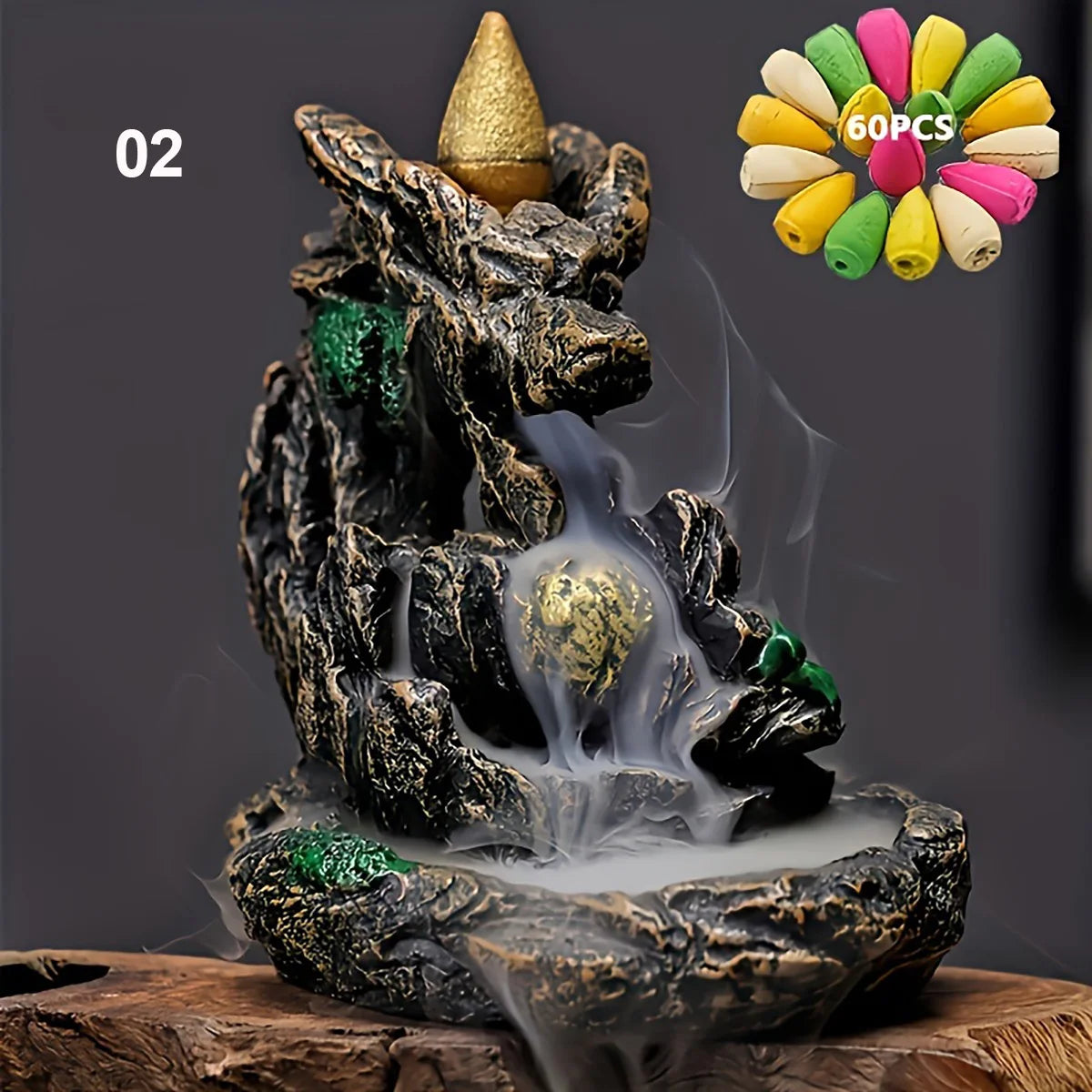 Fontaine à Encens Cascade Montagne Dragon – Fontaine Backflow avec 60 Cônes