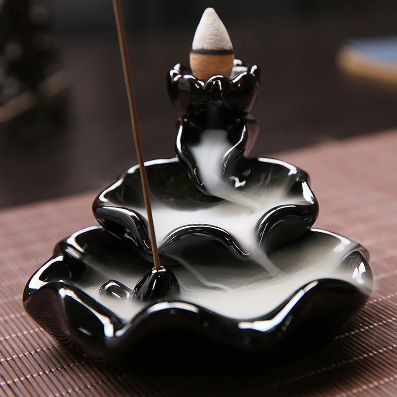 Fontaine à Encens Cascade Style Lotus Étage en Céramique – Fumée Zen Backflow
