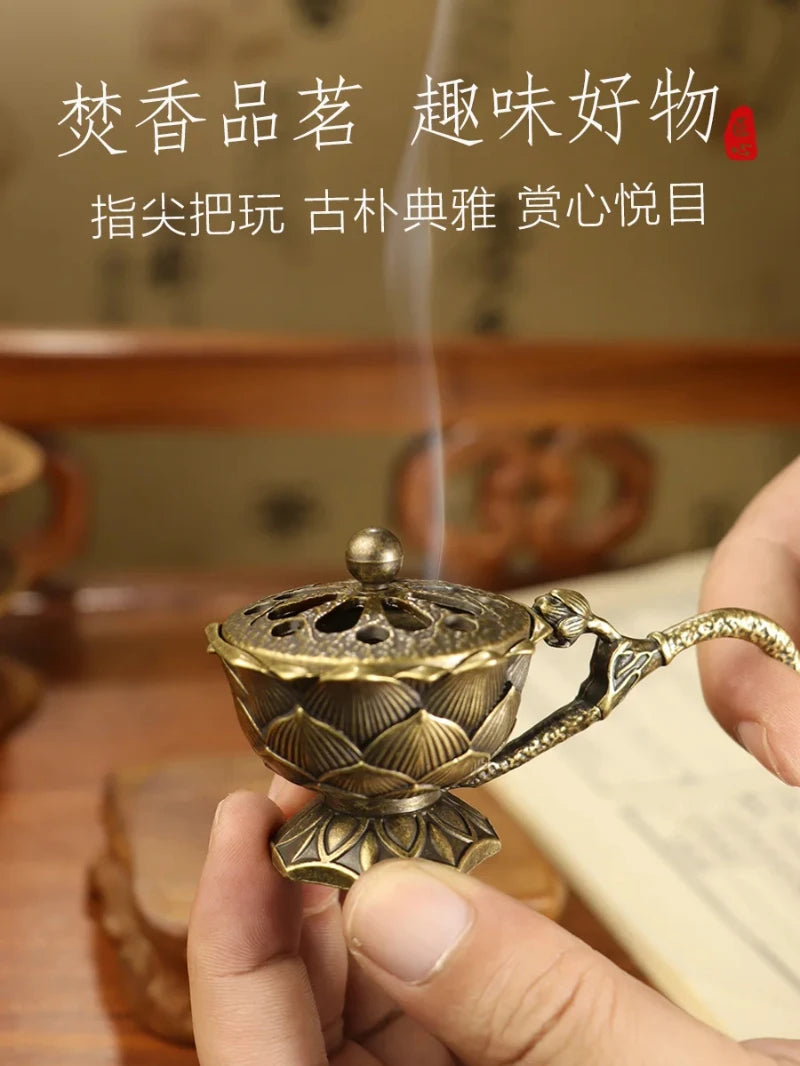 Porte-Encens Lotus en Laiton – Support Métal Rétro avec Poignée