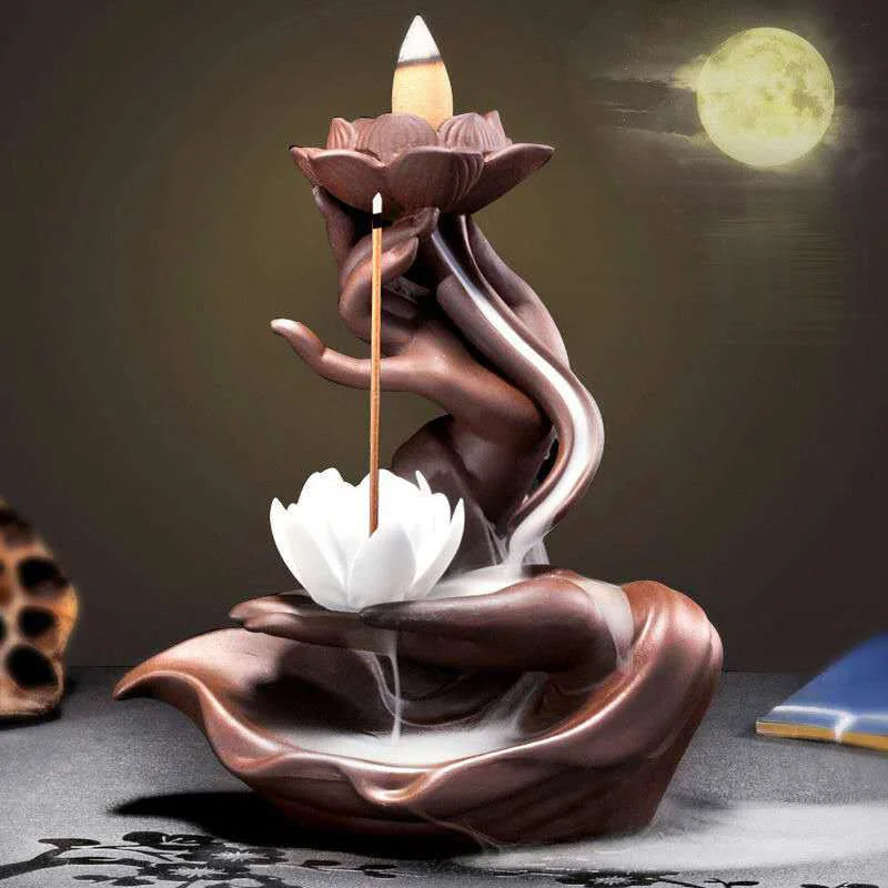 Fontaine à Encens en Céramique avec Fleur de Lotus Blanche Zen Bouddhiste