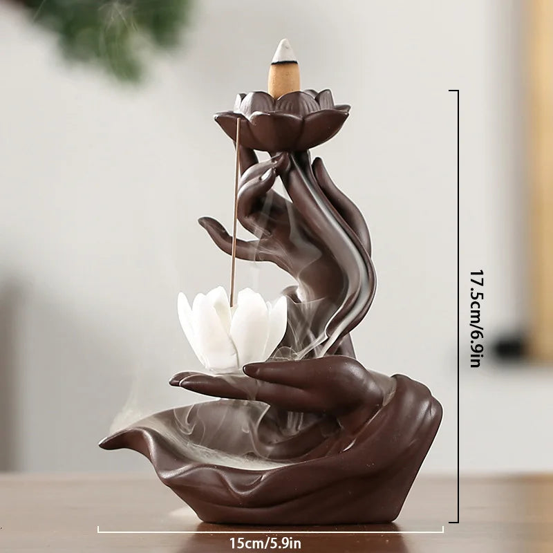 Fontaine à Encens en Céramique avec Fleur de Lotus Blanche Zen Bouddhiste
