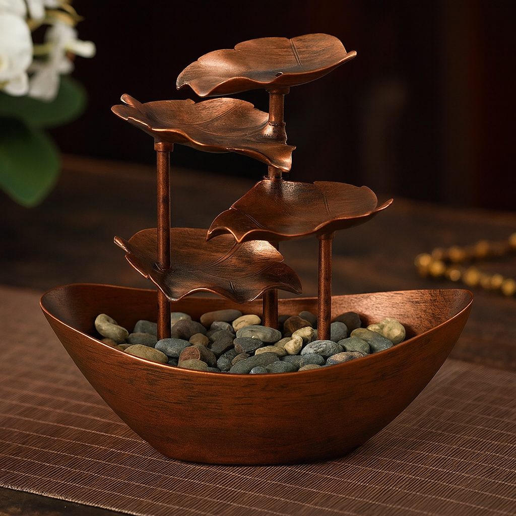 Fontaine d’Intérieur Lotus à 4 Niveaux – Bronze – Cascade avec LED & USB