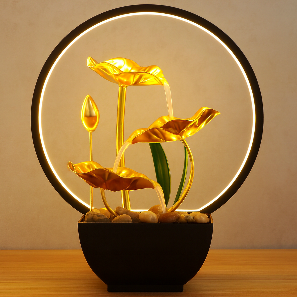 Fontaine d’Intérieur Lotus Doré – Cascade Zen avec Anneau LED USB
