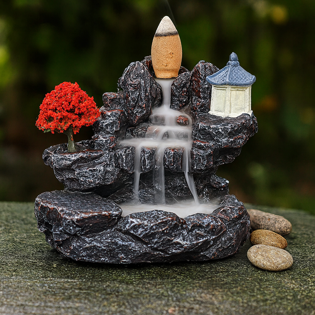 Fontaine à Encens Cascade avec Arbre rouge en Résine – Support Backflow avec Cônes