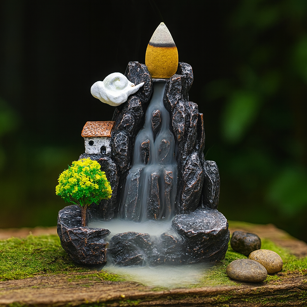 Fontaine à Encens Cascade avec Arbre en Résine – Support Backflow avec Cônes