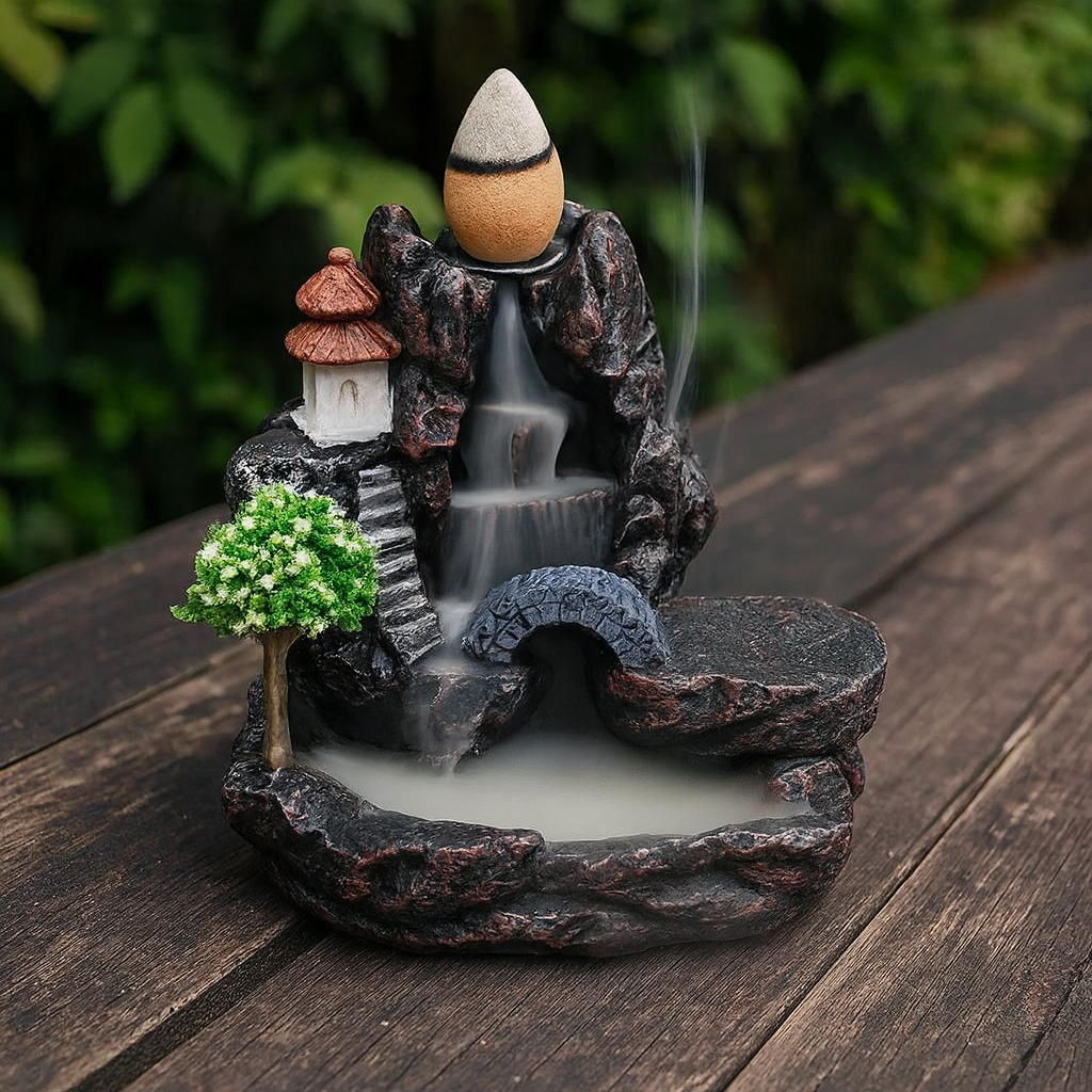 Fontaine à Encens Cascade en Résine – Support Backflow avec Cônes