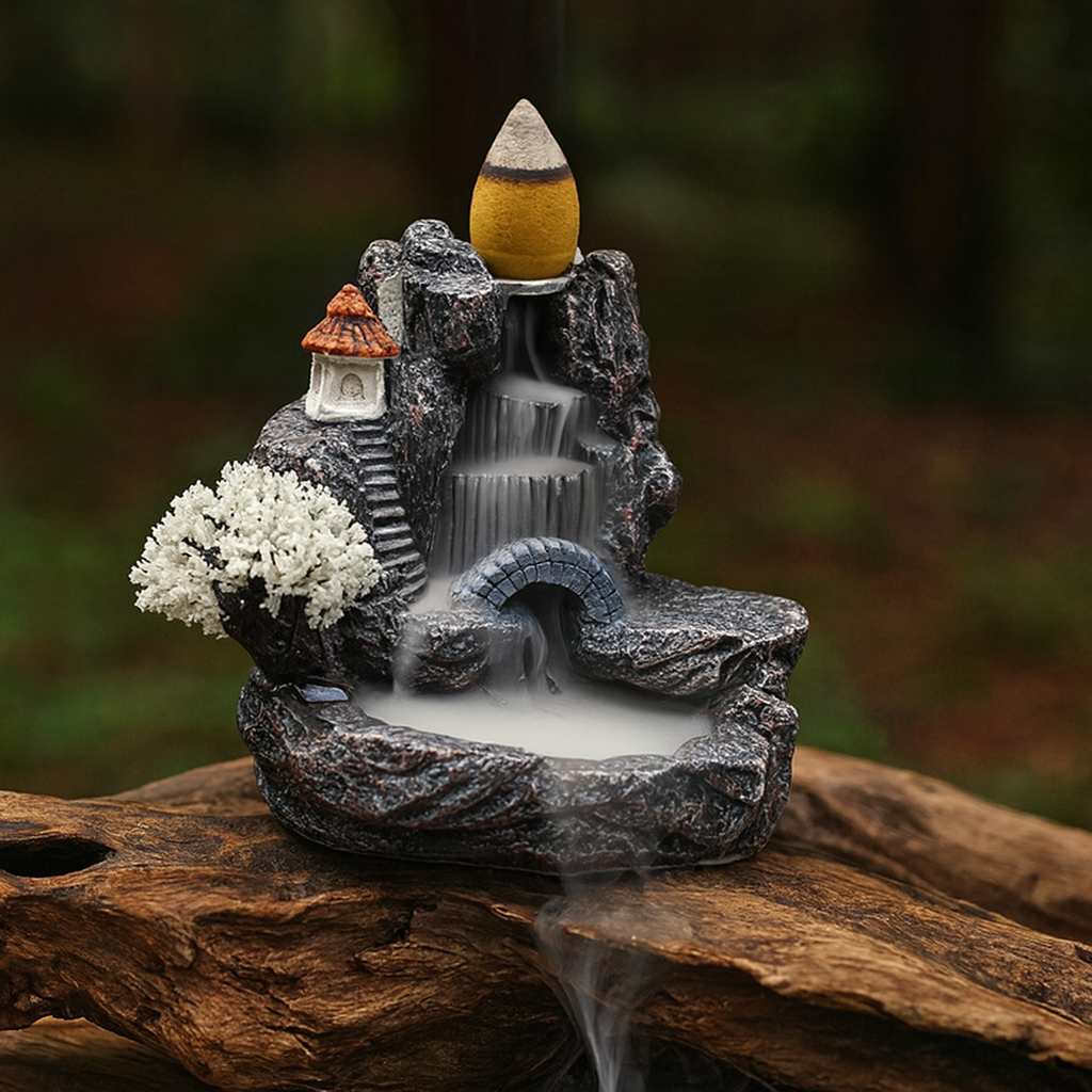 Fontaine à Encens Cascade avec Arbre Blanc en Résine – Support Backflow avec Cônes