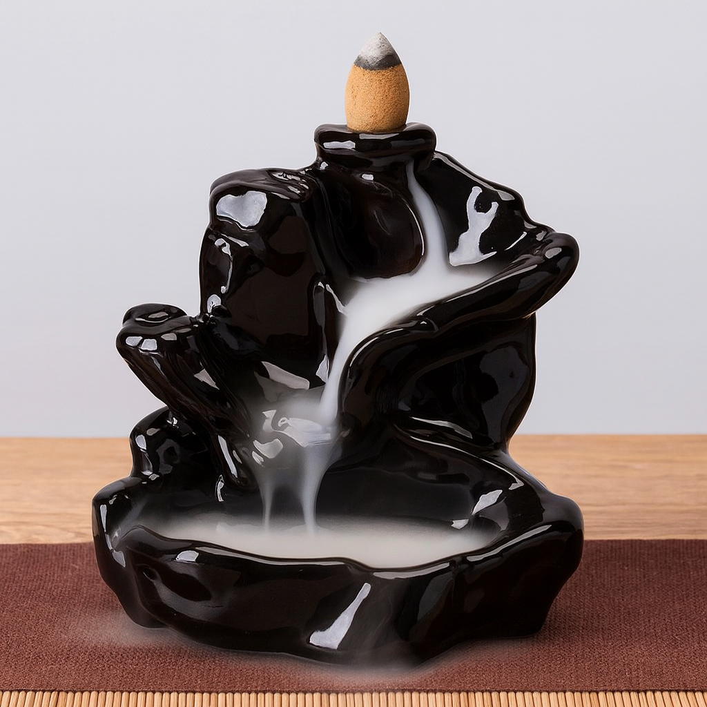 Fontaine à Encens Cascade Montagne Noire en Céramique – Fumée Zen Backflow