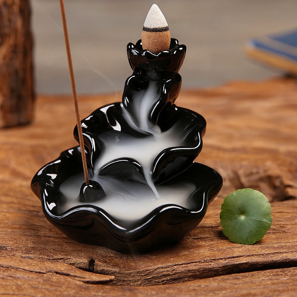 Fontaine à Encens Cascade Style Lotus Étage en Céramique – Fumée Zen Backflow