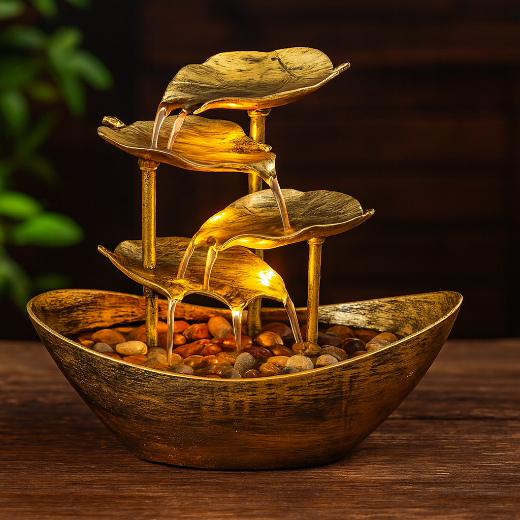 Fontaine d’Intérieur Lotus à 4 Niveaux – Or – Cascade avec LED & USB