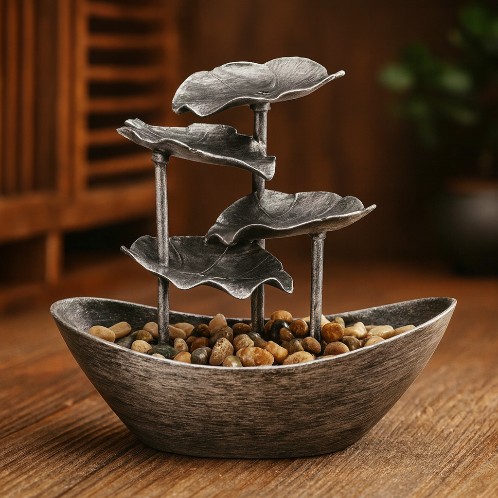 Fontaine d’Intérieur Lotus à 4 Niveaux – Argent – Cascade avec LED & USB